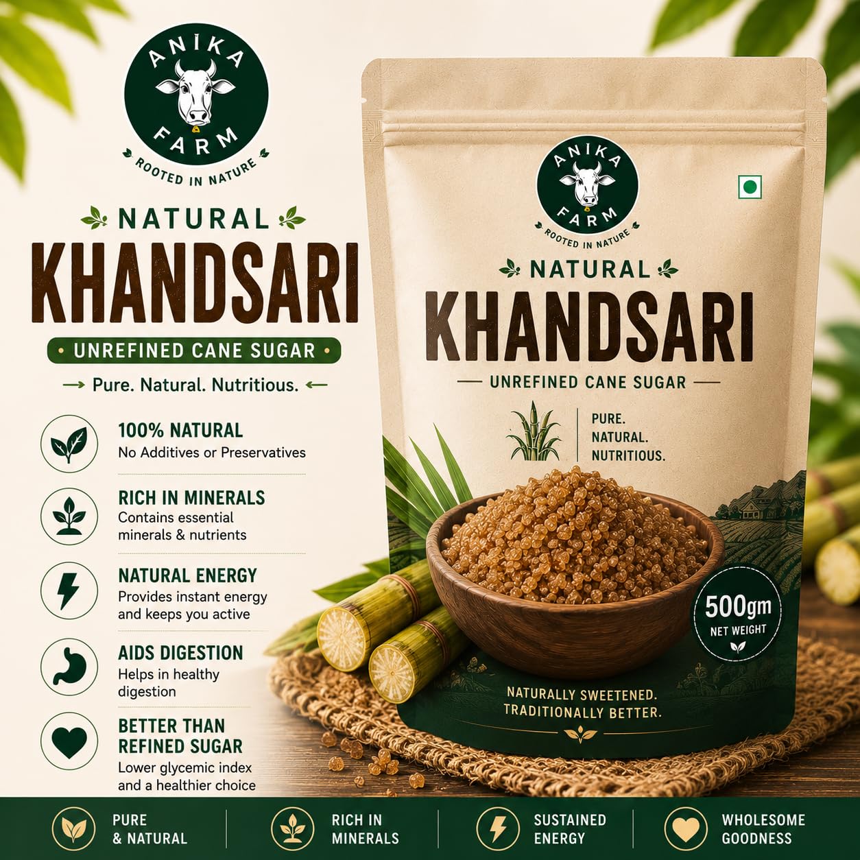 ANIKA Desi Khand (Kandsari) 500g | Natural Unrefined Cane Sugar | Sulphur-Free & Chemical-Free Traditional Sweetener | Healthy Alternative to Refined White Sugar - View 2 of 6