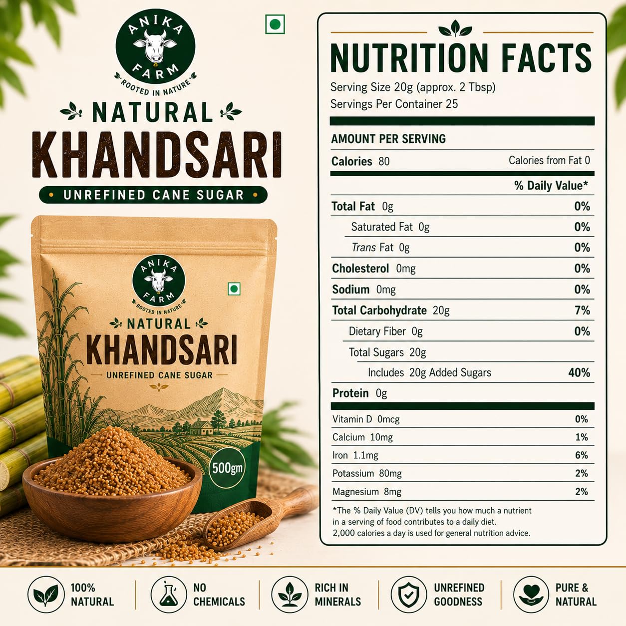 ANIKA Desi Khand (Kandsari) 500g | Natural Unrefined Cane Sugar | Sulphur-Free & Chemical-Free Traditional Sweetener | Healthy Alternative to Refined White Sugar - View 6 of 6