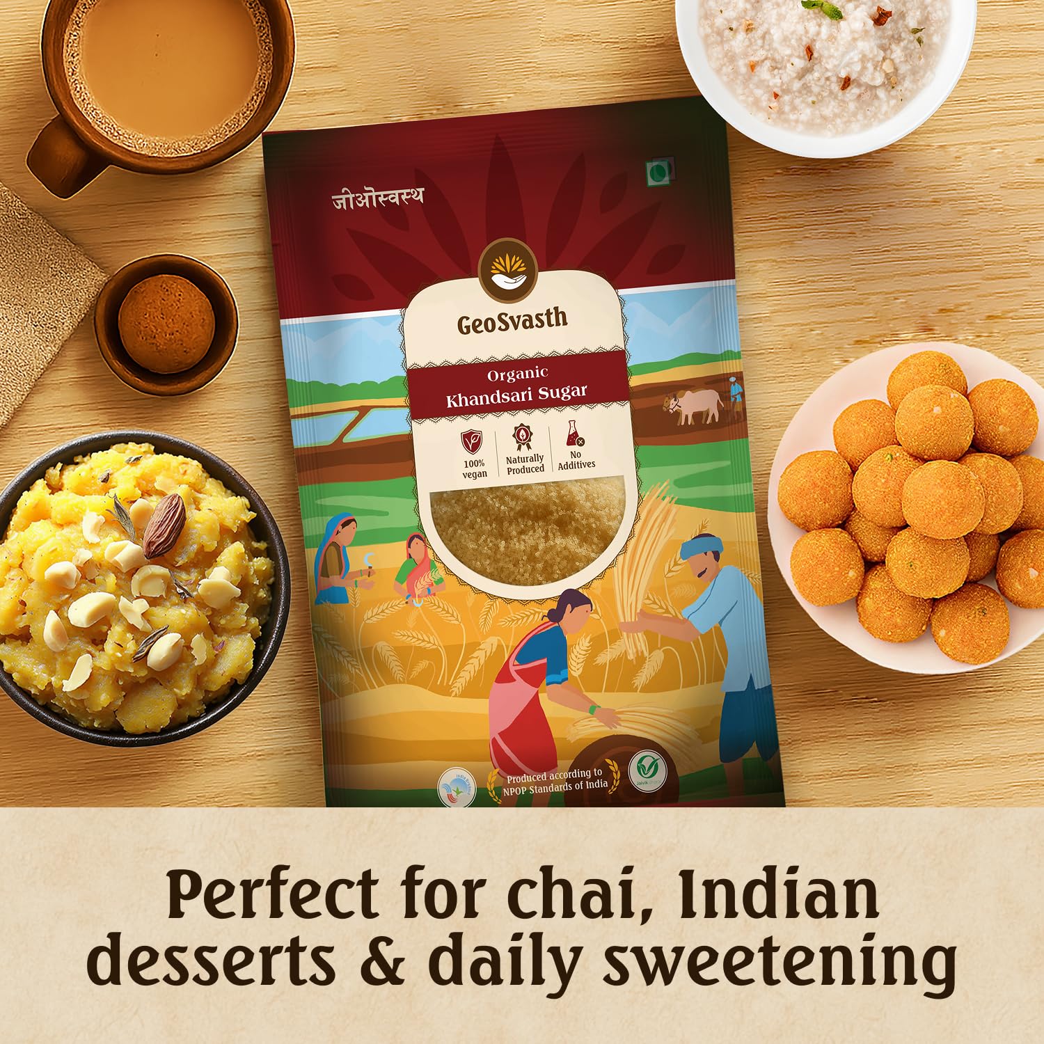 Geosvasth Organic Khandsari Sugar| Unrefined & Unprocessed Desi Khand | Sulphur Free, Chemical Free Khaand | Healthy Natural Sweetener for Cooking & Baking | Refined Sugar Alternative |1Kg(Pack of 1) - View 3 of 5