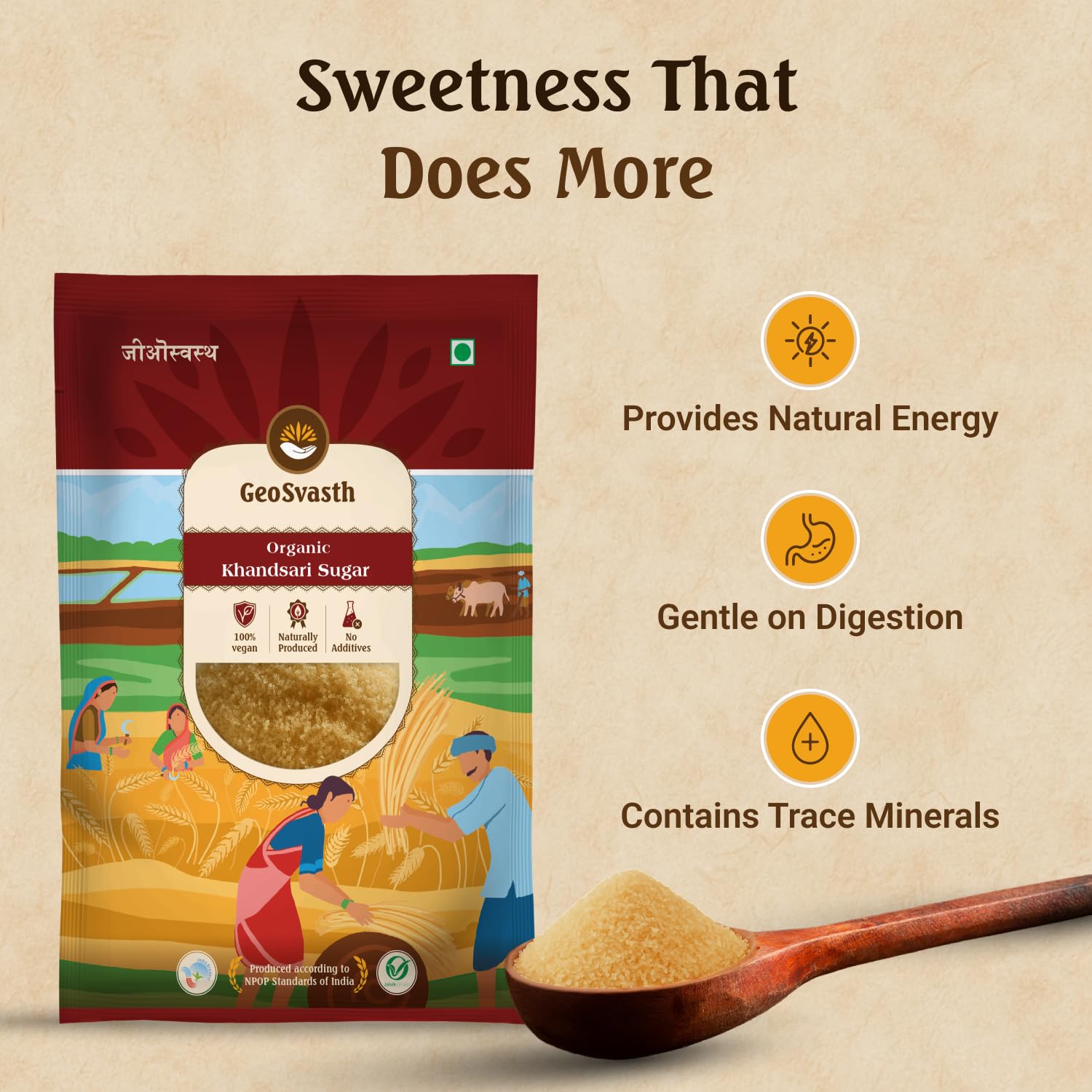 Geosvasth Organic Khandsari Sugar| Unrefined & Unprocessed Desi Khand | Sulphur Free, Chemical Free Khaand | Healthy Natural Sweetener for Cooking & Baking | Refined Sugar Alternative |1Kg(Pack of 1) - View 4 of 5