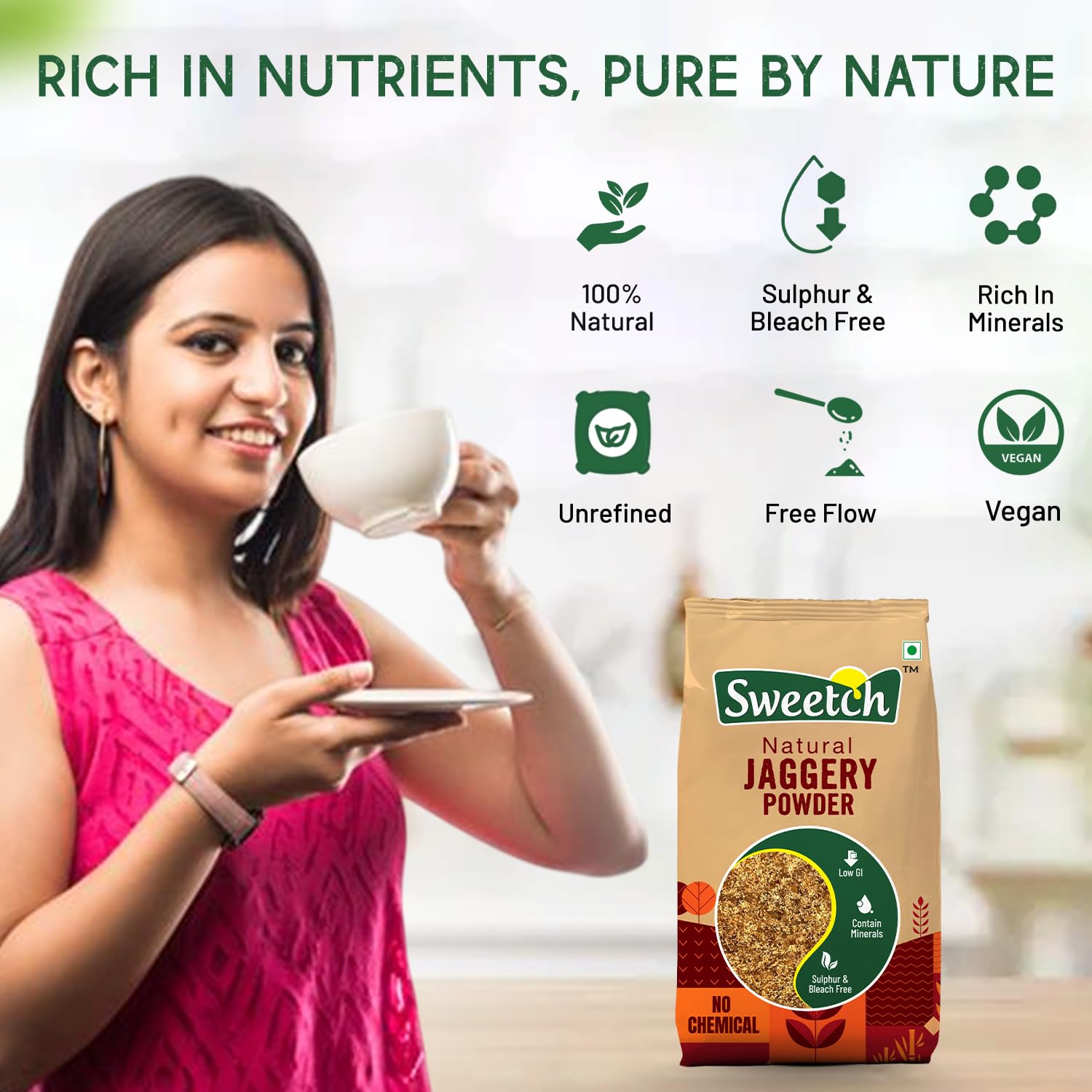 Sweetch Natural Cane Jaggery Powder 1kg | Natural Sweetener | Refined Sugar Alternative contain Minerals, No Chemical, Sulphur & Bleach Free | Gur, Gud Powder for Baking & Cooking (Pack of 1) - View 4 of 6