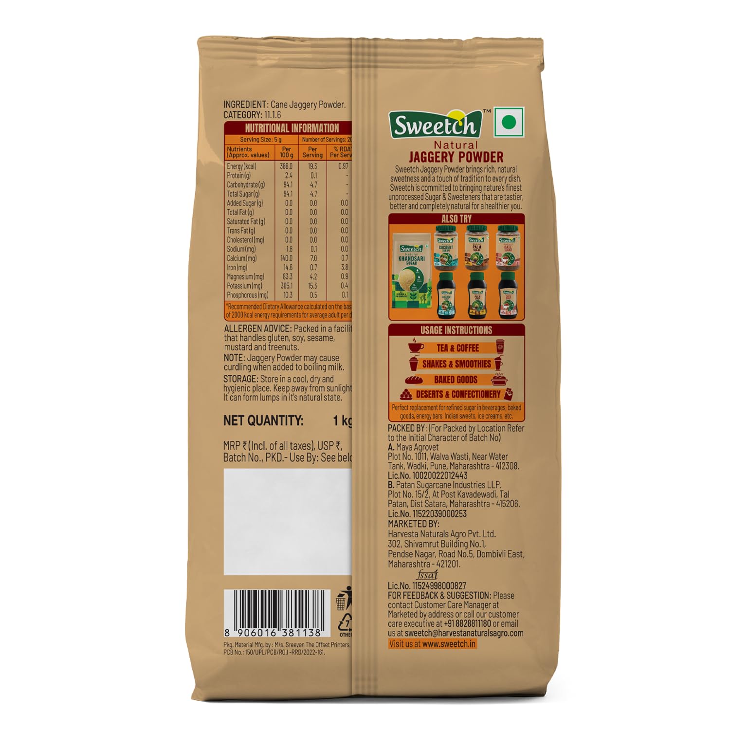 Sweetch Natural Cane Jaggery Powder 1kg | Natural Sweetener | Refined Sugar Alternative contain Minerals, No Chemical, Sulphur & Bleach Free | Gur, Gud Powder for Baking & Cooking (Pack of 1) - View 6 of 6