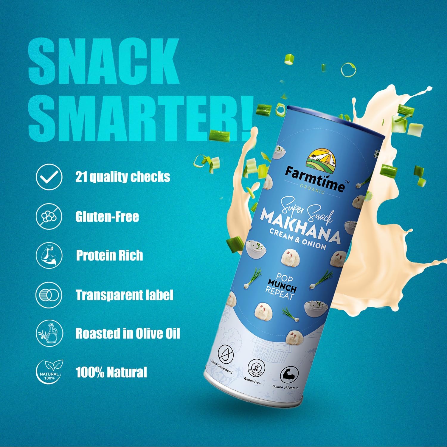 FARMTIME ORGANIC Super Snack Makhana Cream & Onion Flavor | Healthy Roasted Foxnuts | Gluten-Free, Zero Cholesterol, Protein-Rich Snack | 80g - View 5 of 6