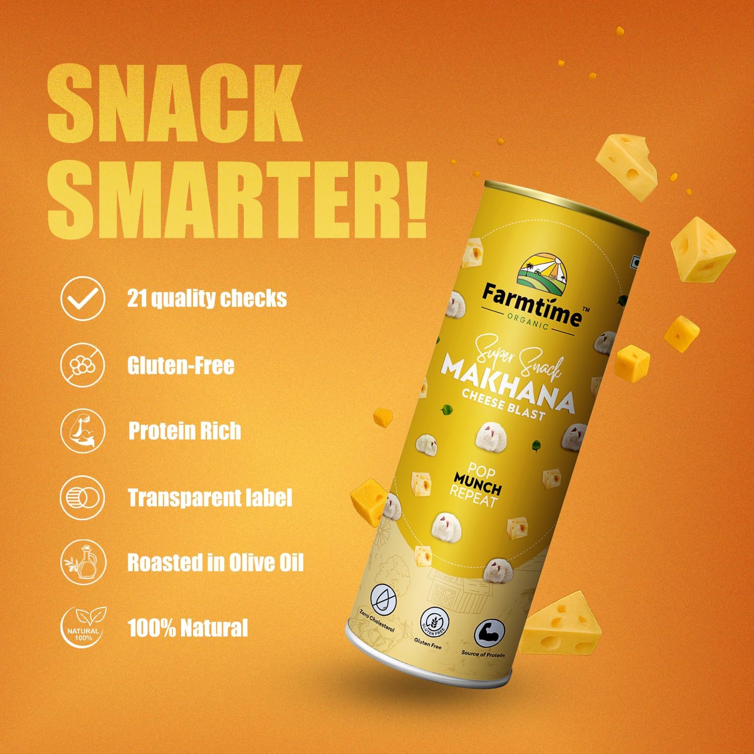 armtime Organic® Premium Flavoured Makhana Cheese Blast Flavour - 80gm | Healthy Snacking, High In Protein | Flavoured Roasted Nuts | Fox Nuts, Zero Cholesterol, Gluten Free & Makhana Fox Nuts - View 6 of 6