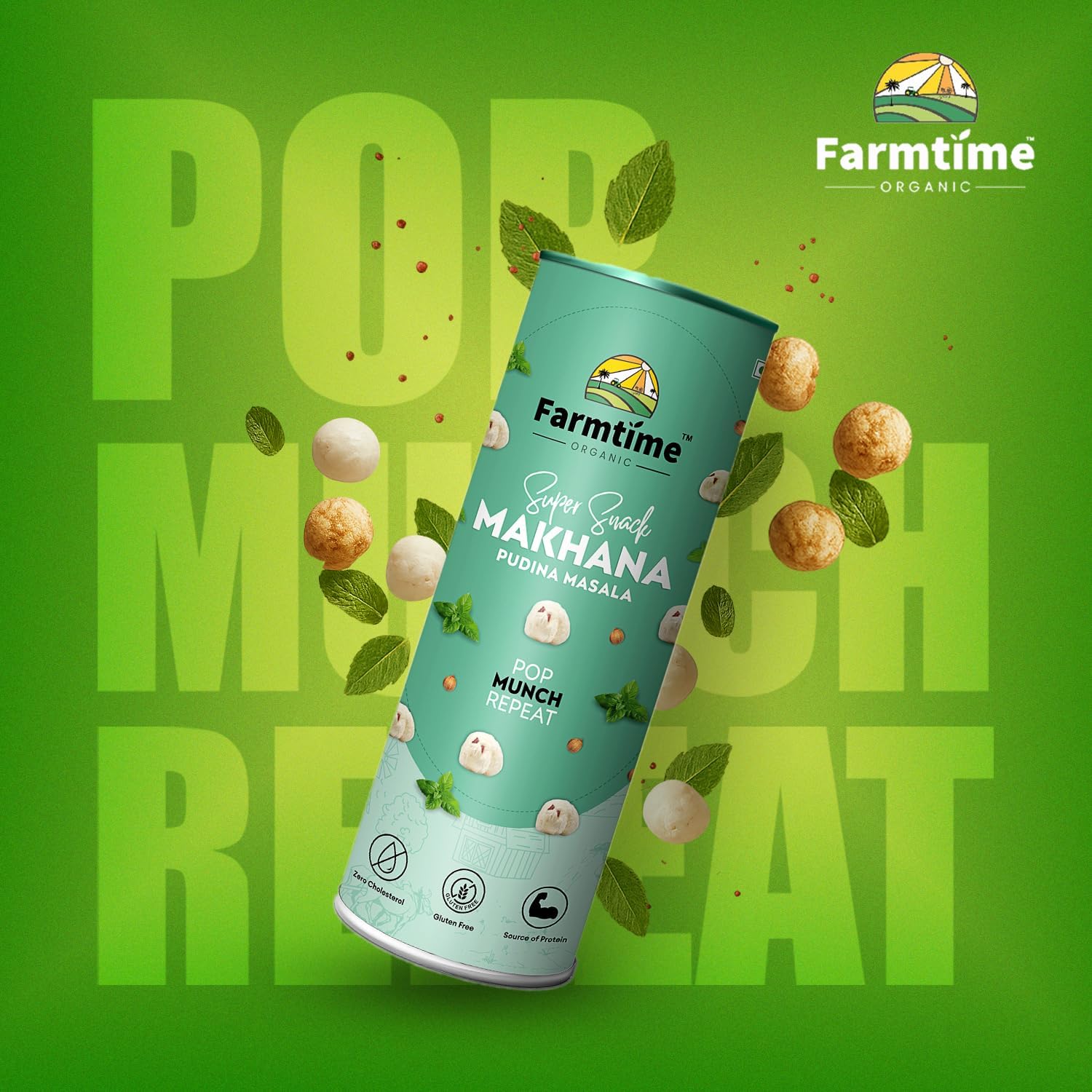Farmtime Organic® Premium Flavoured Makhana Pudina Masala Flavour - 80gm | Healthy Snacking, High In Protein | Flavoured Roasted Nuts | Fox Nuts, Zero Cholesterol, Gluten Free & Makhana Fox Nuts - View 4 of 6