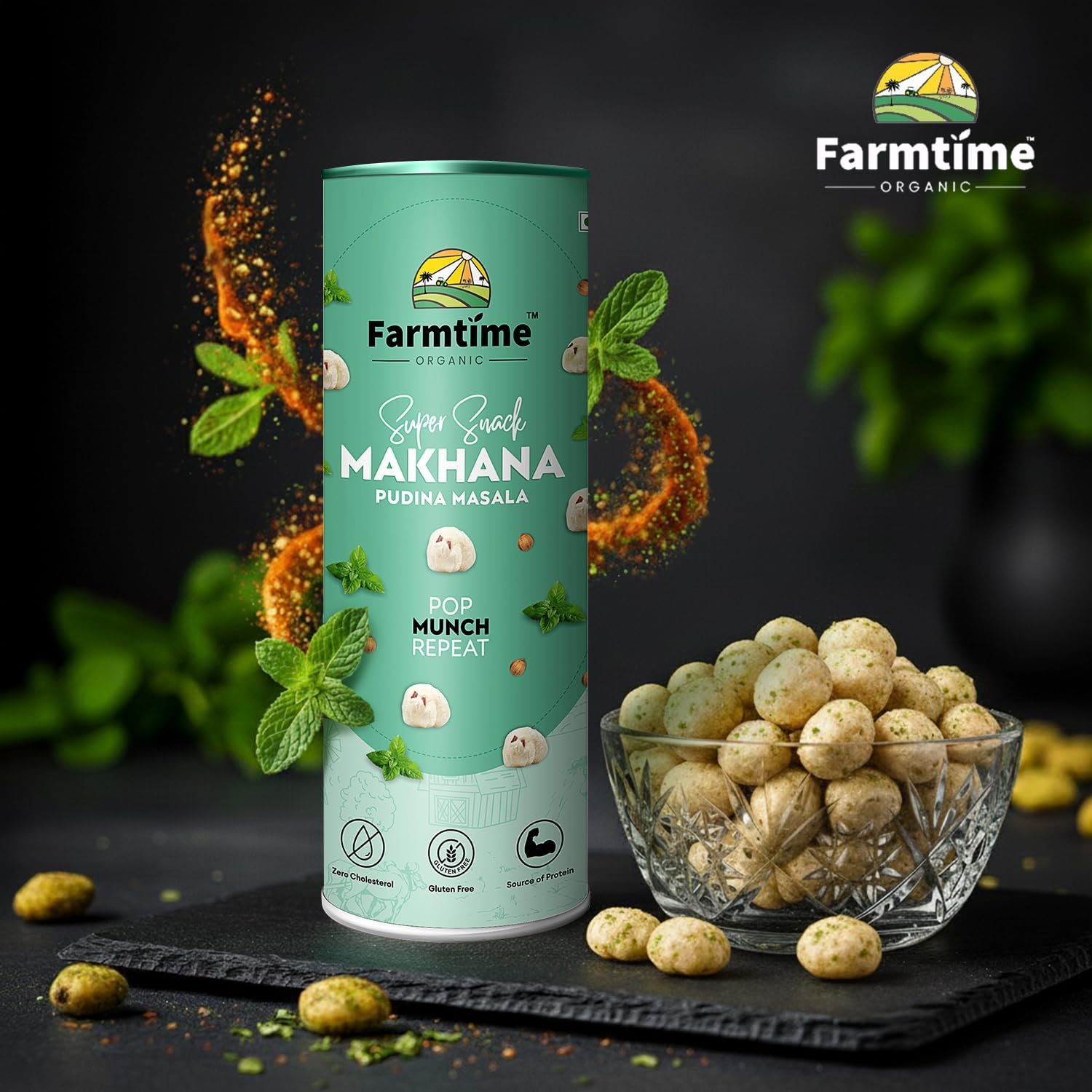 Farmtime Organic® Premium Flavoured Makhana Pudina Masala Flavour - 80gm | Healthy Snacking, High In Protein | Flavoured Roasted Nuts | Fox Nuts, Zero Cholesterol, Gluten Free & Makhana Fox Nuts - View 5 of 6