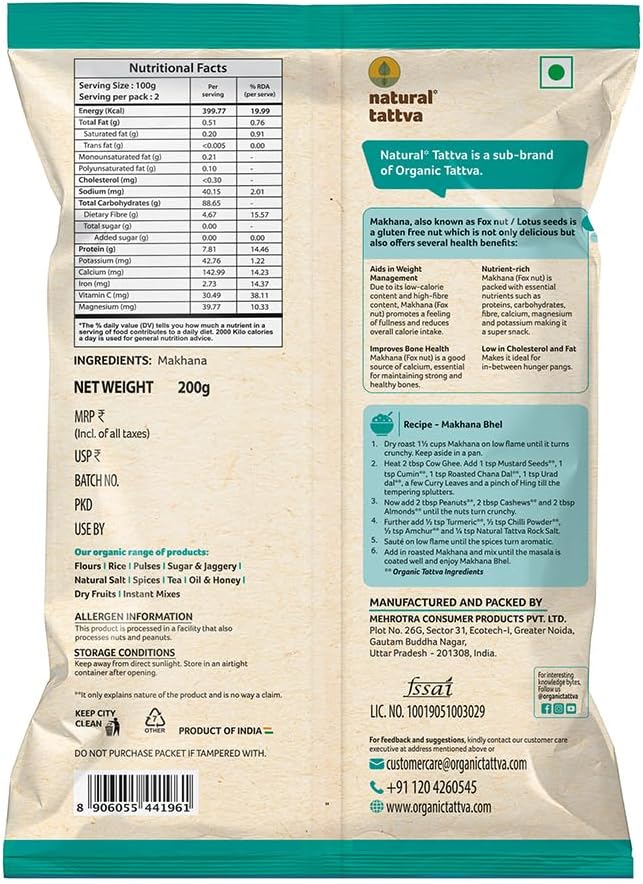 NATURAL TATTVA Makhana (Fox Nuts) 200g Pack - Natural and Gluten Free, Healthy Snack, Rich in Protein and Fibre, Ideal for Roasting, Snacks and Cooking - View 4 of 4