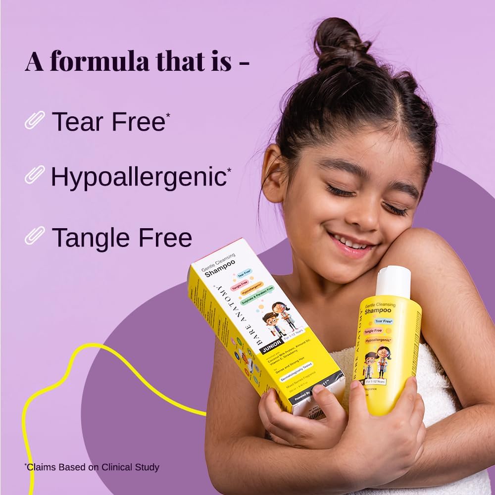 Bare Anatomy Junior Gentle Cleansing Shampoo for Kids from 5-12 Years Tear-Free & Hypoallergenic pH 5.5 Coconut Milk Protein, Almond Oil, Vitamin E & Strawberry Vegan, 250 ml - View 3 of 4