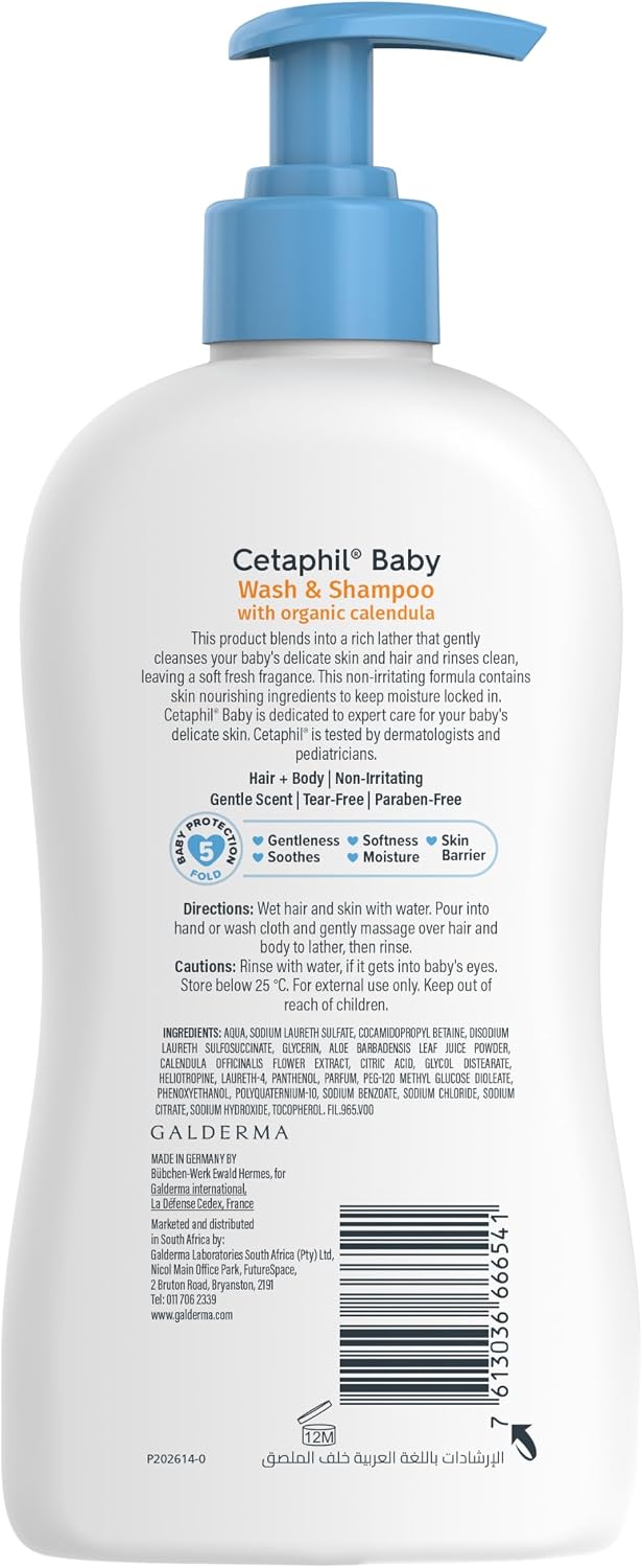 Cetaphil Baby Wash and Shampoo | Organic Calendula and Aloe Vera | Tear Free, Paraben, Colorant & Mineral Oil Free | Hypoallergenic | Unscented | Organic | Dermatologist Tested | 400ml - View 4 of 4