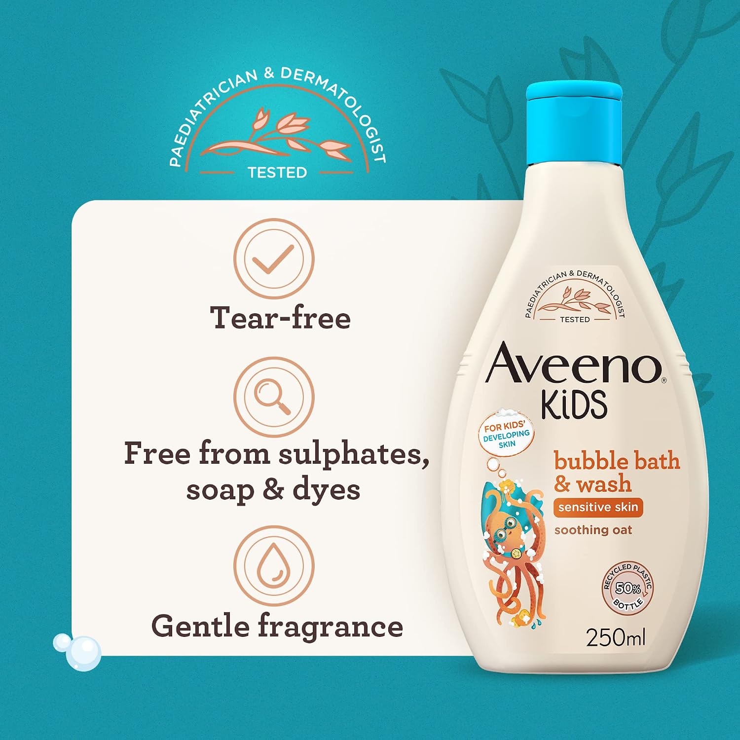 Aveeno Baby Kids Bubble Bath & Wash for Sensitive & Developing Skin 250ml | Enriched with Soothing Oat Extract, Foam Body Wash Developed for Your Little Superhero, Children's Toiletries Sets - View 2 of 5