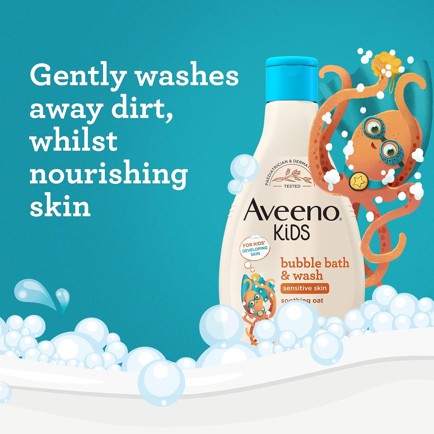 Aveeno Baby Kids Bubble Bath & Wash for Sensitive & Developing Skin 250ml | Enriched with Soothing Oat Extract, Foam Body Wash Developed for Your Little Superhero, Children's Toiletries Sets - View 4 of 5