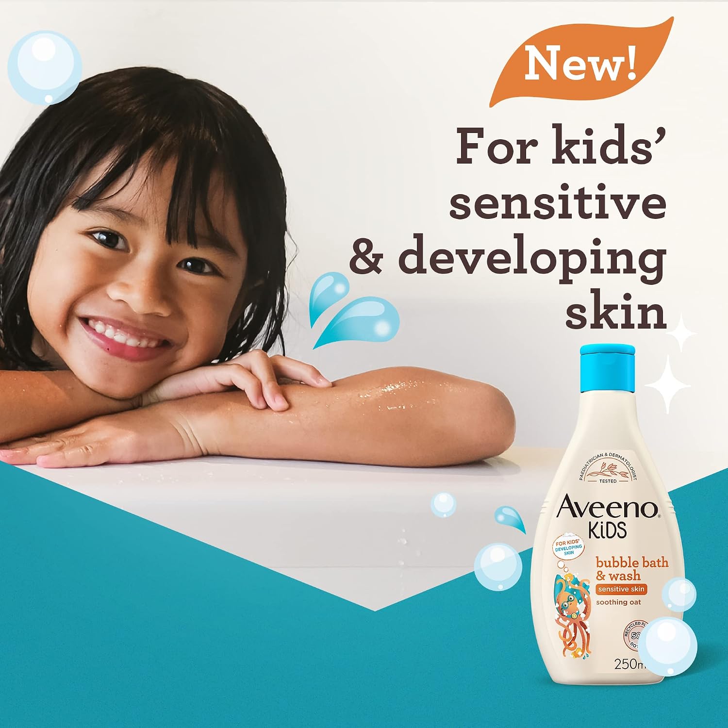 Aveeno Baby Kids Bubble Bath & Wash for Sensitive & Developing Skin 250ml | Enriched with Soothing Oat Extract, Foam Body Wash Developed for Your Little Superhero, Children's Toiletries Sets - View 5 of 5