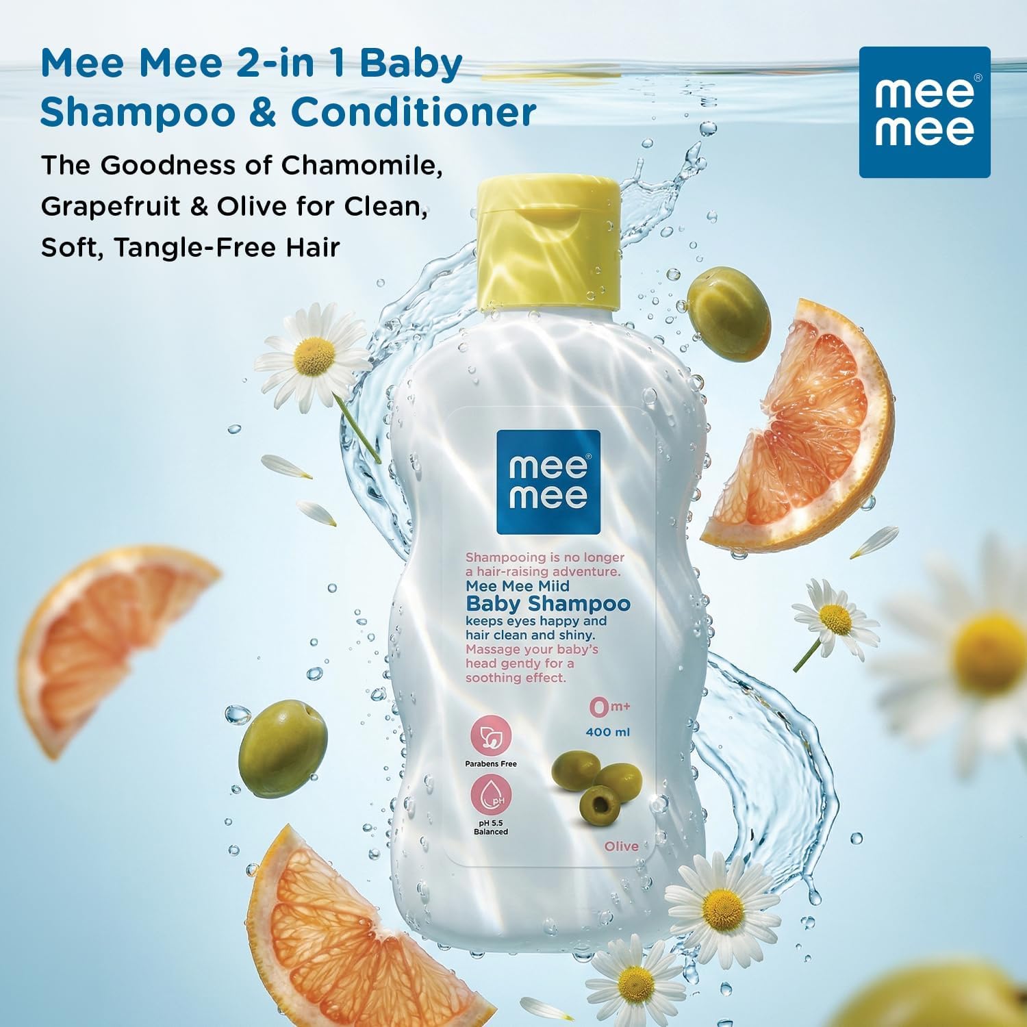 Mee Mee Gentle Baby Shampoo 400ml with olive extracts gently cleanses and moisturizes. Tear-free, hypoallergenic, pH-balanced, sulfate & paraben-free formula for babies' sensitive skin. - View 5 of 6