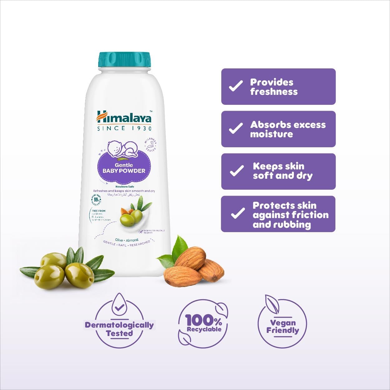 Himalaya Gentle Baby powder 99% Natural Origin Ingredients|with Olive & Almond| Free from Sulphates,parabens, phthalates, alcohol and synthetic colours|Safe for Newborns | Dermatologically tested 200g - View 4 of 5