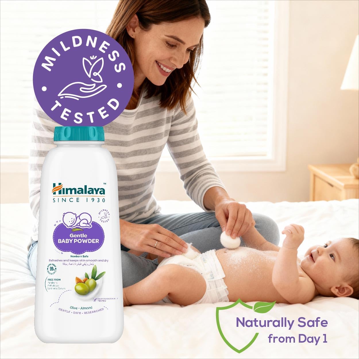 Himalaya Gentle Baby powder 99% Natural Origin Ingredients|with Olive & Almond| Free from Sulphates,parabens, phthalates, alcohol and synthetic colours|Safe for Newborns | Dermatologically tested 200g - View 5 of 5