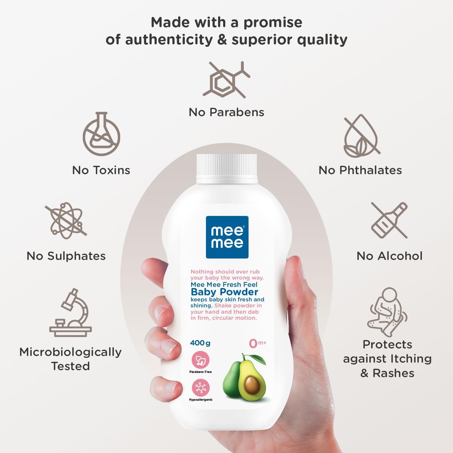 Mee Mee Newborn Friendly Talcum Powder | Enriched with Avocado Oil | Dermatologist Approved | Rash-Resistant | Paraben Free | 0+ Months (400g Fresh Feel, Single Pack) - View 4 of 5