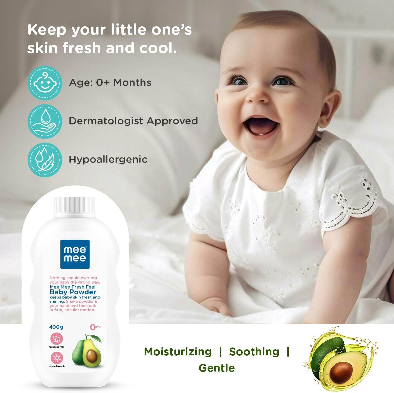 Mee Mee Newborn Friendly Talcum Powder | Enriched with Avocado Oil | Dermatologist Approved | Rash-Resistant | Paraben Free | 0+ Months (400g Fresh Feel, Single Pack) - View 5 of 5