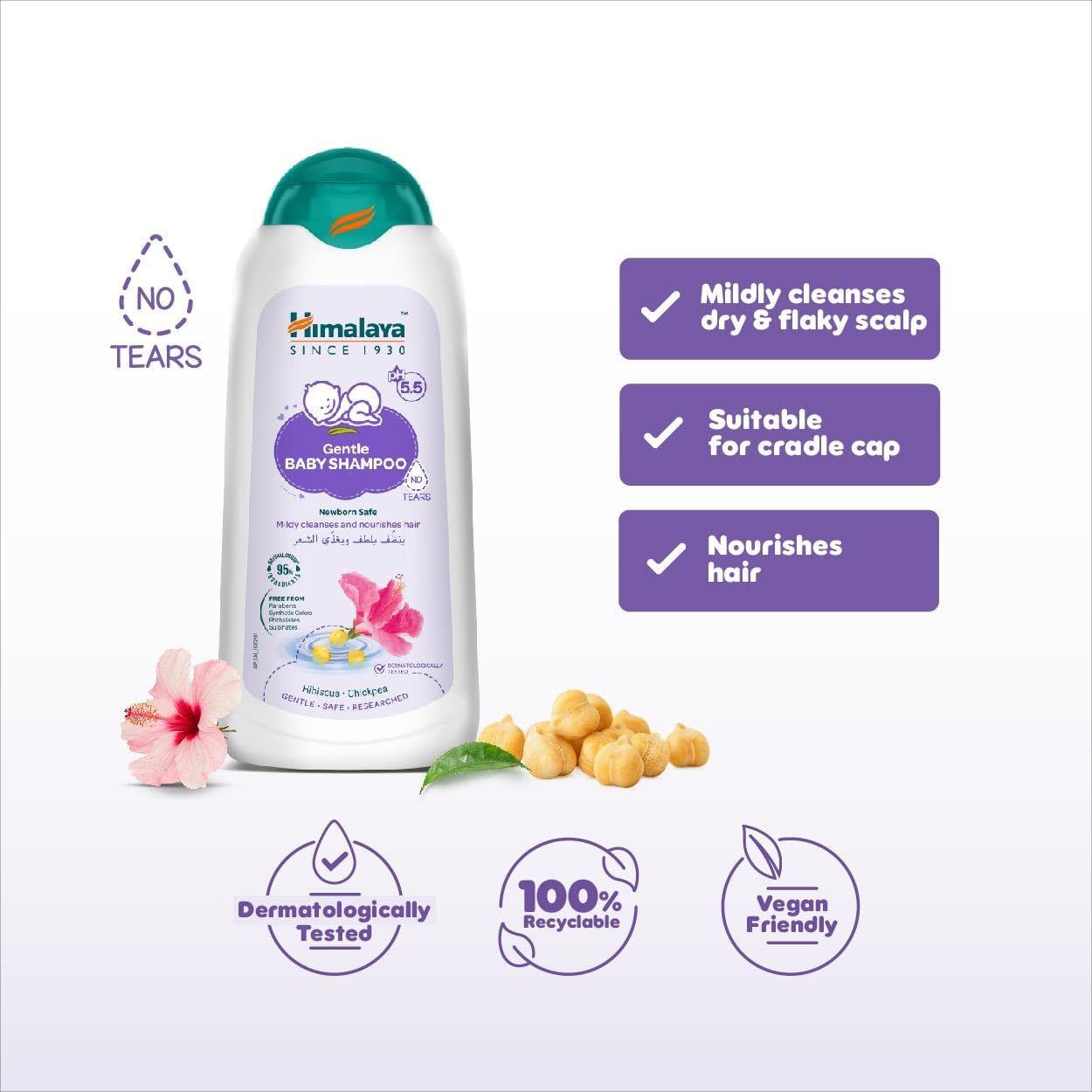 Himalaya Gentle Baby shampoo Tear-Free|pH 5.5 | 95% Natural Origin Ingredients|Hibiscus & Chickpea|Free from Sulphates,parabens, phthalates, alcohol and synthetic colours|Safe for Newborns| 400ml - View 3 of 5