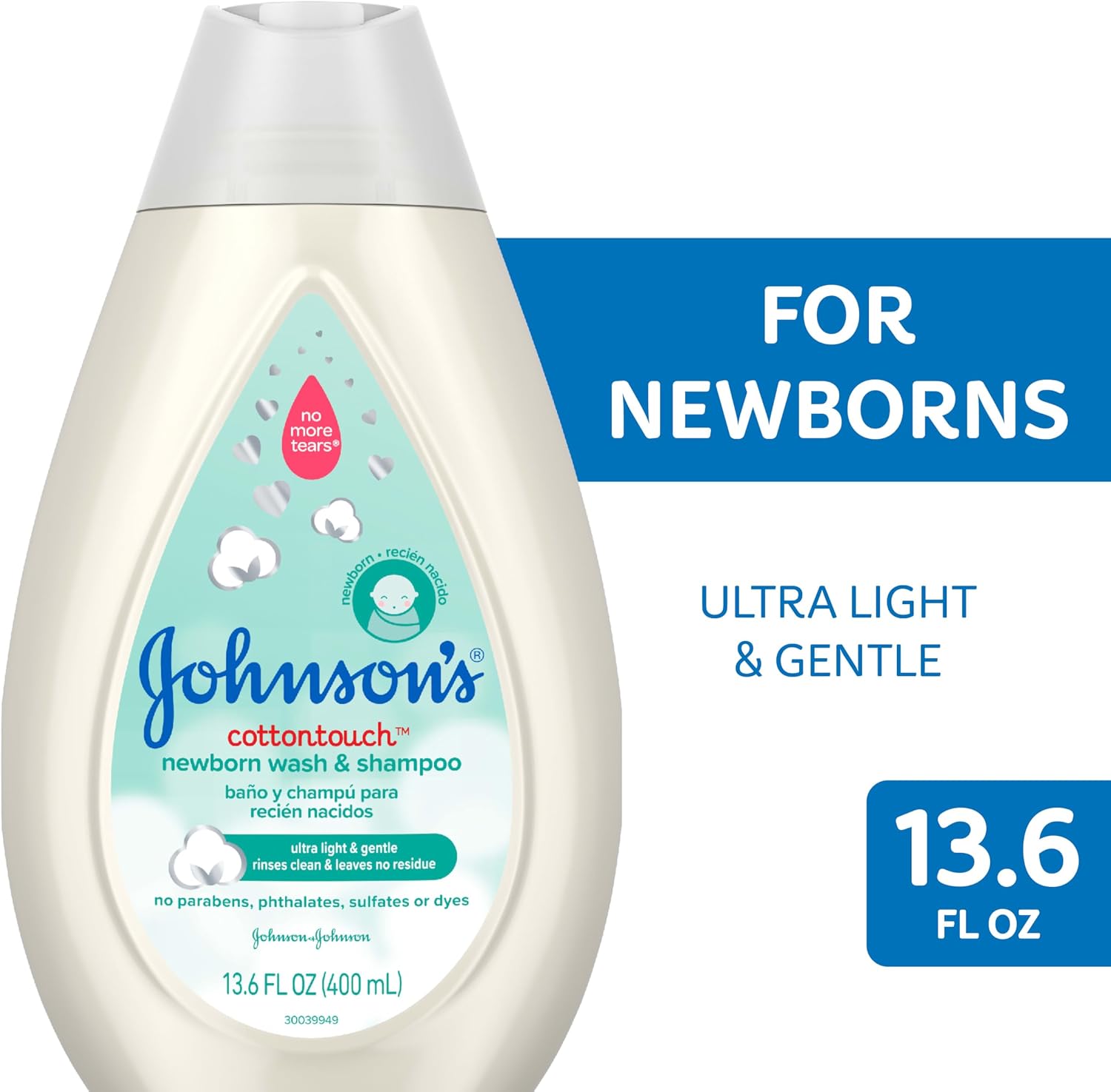 Johnson's CottonTouch Newborn Baby Body Wash & Shampoo, Gentle & Tear-Free, Made with Real Cotton, Gently Washes Away Dirt & Germs, Sulfate- & Paraben-Free for Sensitive Skin, 13.6 fl. oz - View 5 of 5