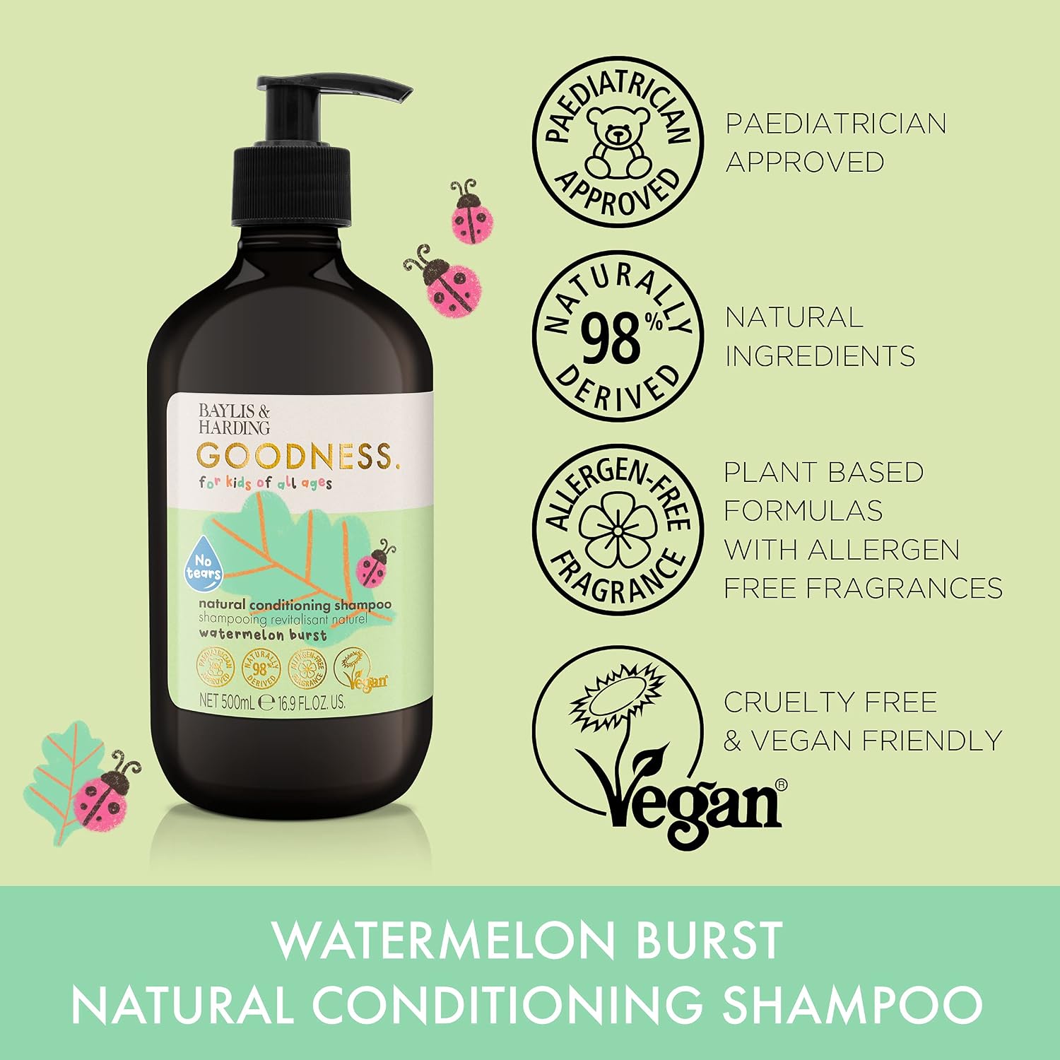 Baylis & Harding Goodness Kids Natural Conditioning Shampoo 500ml - Watermelon Burst | Tear free- forumulated for new borns and children | 98% Natural | Allergen Free Fragrance | Vegan - View 3 of 3