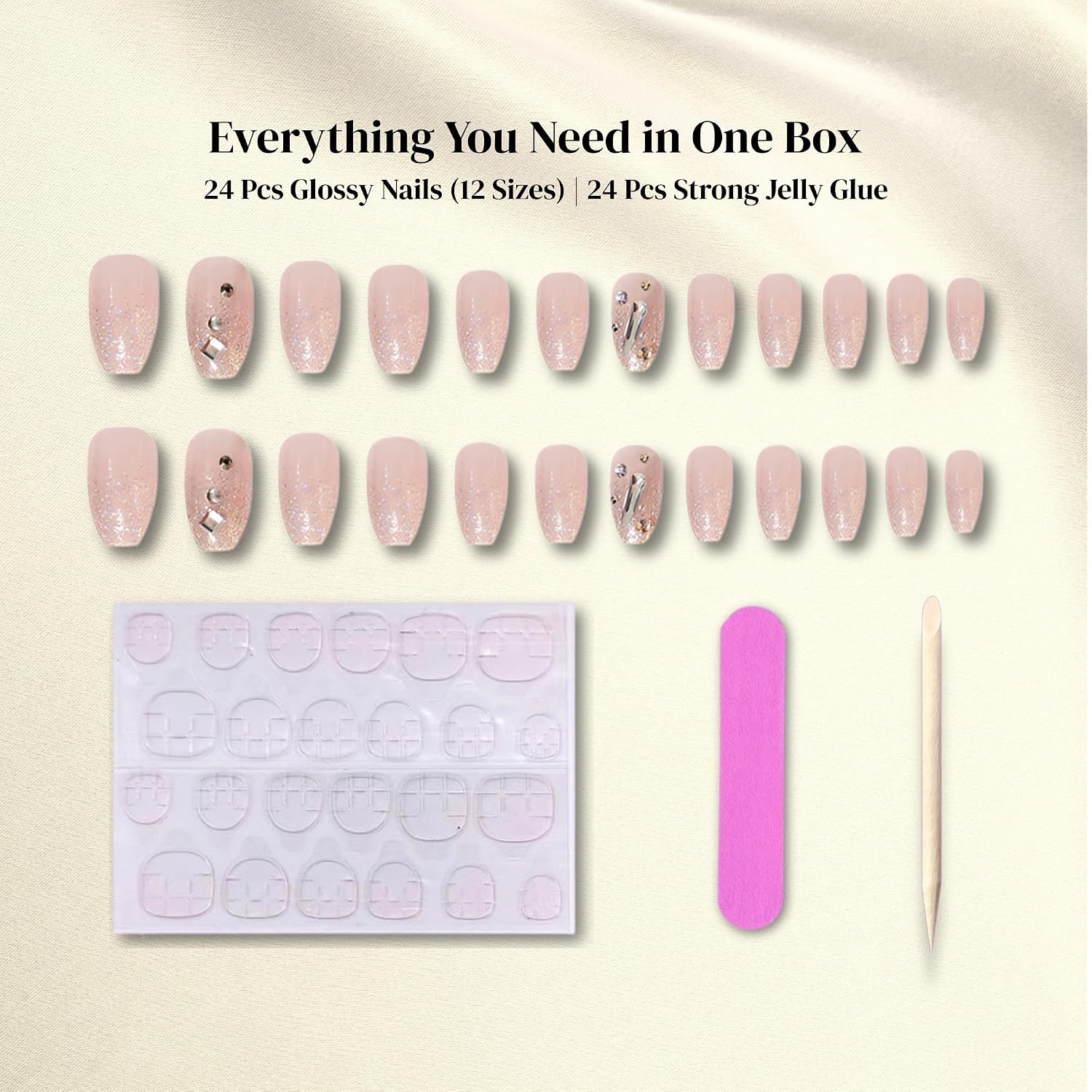 Luxury Diamond Press on Nails for Women, 24Pcs Holographic Glitter Ombre Artificial Nails Set for Girls, Long Almond False Nails Set with Glue Stickers for Bridal, Wedding, Diwalli - View 4 of 5