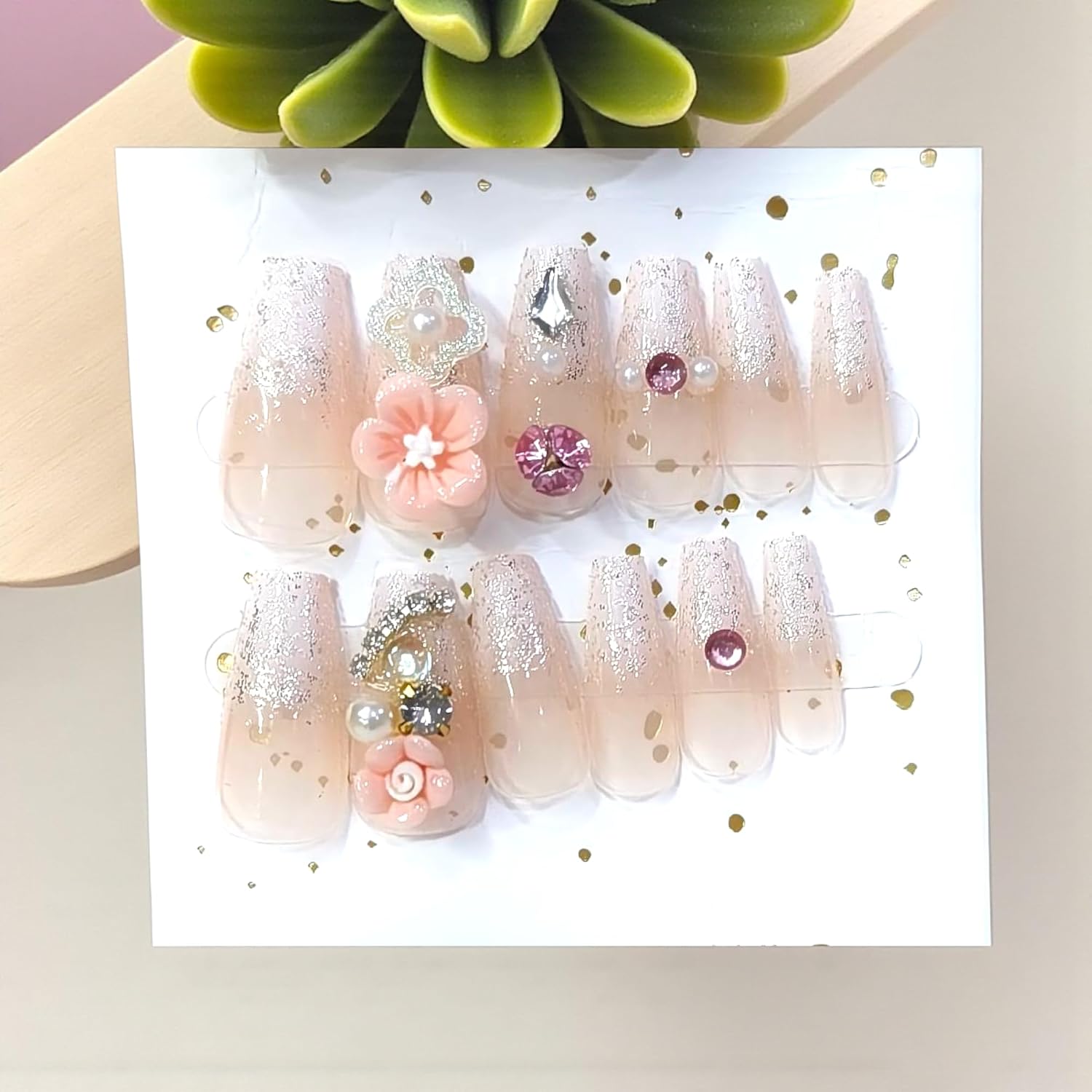 MINDORA Press On Artificial Nails | Artificial Nails for Women & Girls | Reusable False Nails with Glue | Long Lasting, Natural Gloss| Matt Finish | Nail Extension Set for Party & Everday Wear (Design - 13 Peach - Embellishment) - View 4 of 4