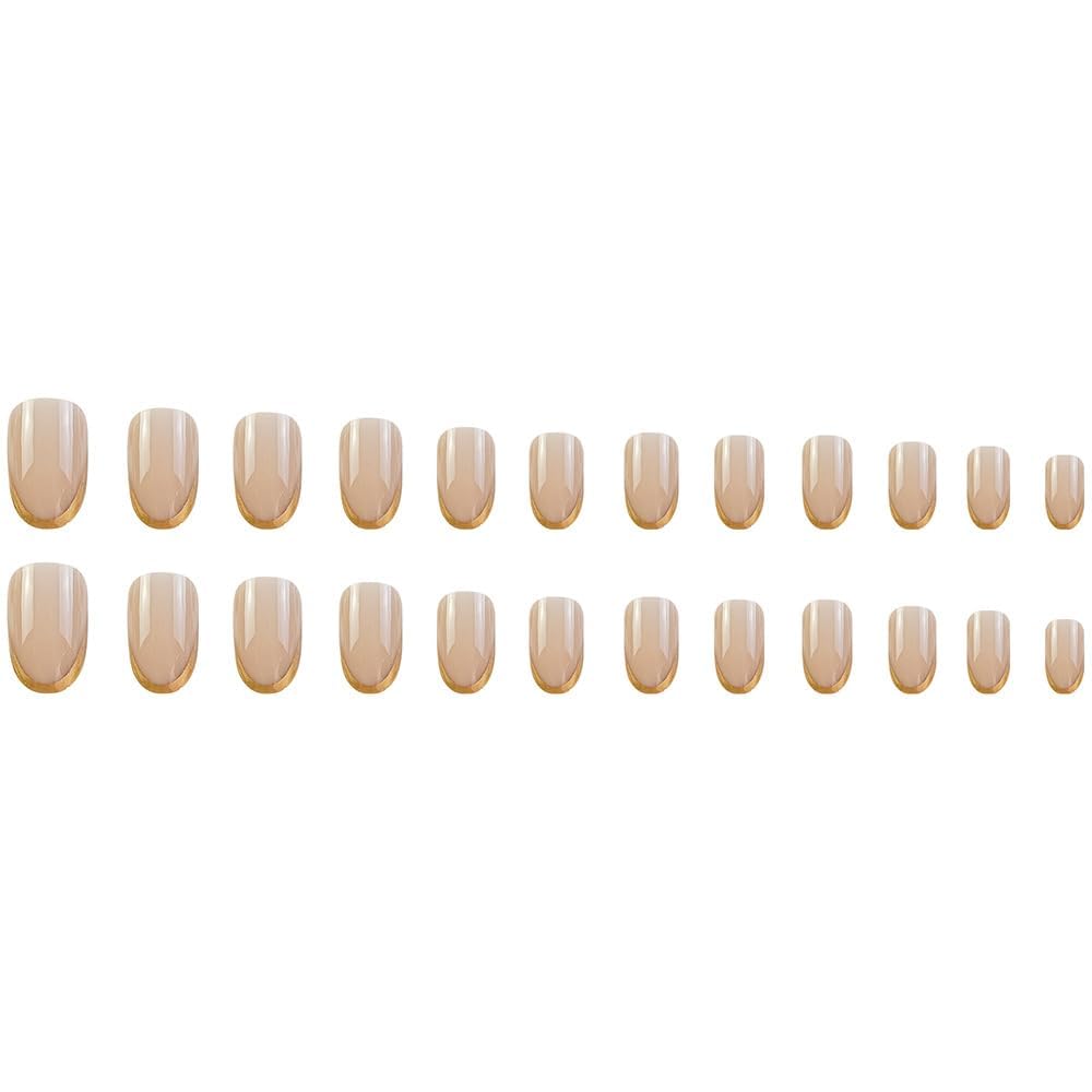 Kriga 24 Reusable Artificial Fake Nail Set| Peach Color With Golden Round On Tip Short Round Oval Shape Glossy Press On Nails| Lightweight & Long Lasting| Quick Fix For Festivals & Special Occasions - View 4 of 7