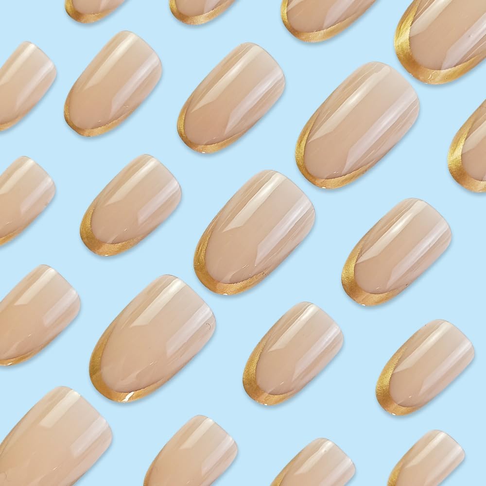 Kriga 24 Reusable Artificial Fake Nail Set| Peach Color With Golden Round On Tip Short Round Oval Shape Glossy Press On Nails| Lightweight & Long Lasting| Quick Fix For Festivals & Special Occasions - View 5 of 7
