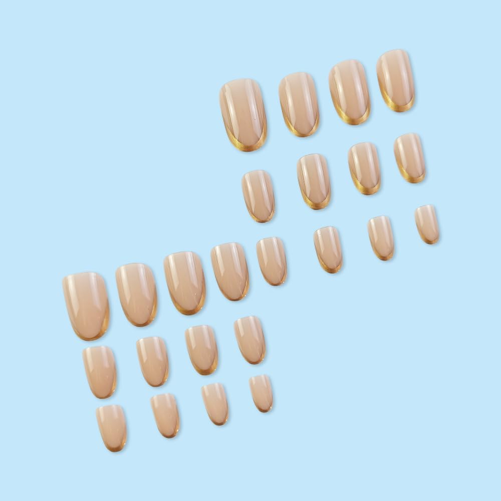 Kriga 24 Reusable Artificial Fake Nail Set| Peach Color With Golden Round On Tip Short Round Oval Shape Glossy Press On Nails| Lightweight & Long Lasting| Quick Fix For Festivals & Special Occasions - View 6 of 7