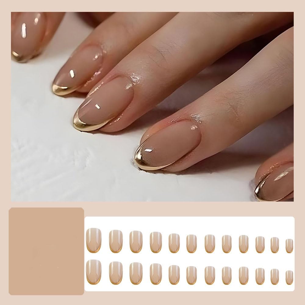 Kriga 24 Reusable Artificial Fake Nail Set| Peach Color With Golden Round On Tip Short Round Oval Shape Glossy Press On Nails| Lightweight & Long Lasting| Quick Fix For Festivals & Special Occasions - View 7 of 7