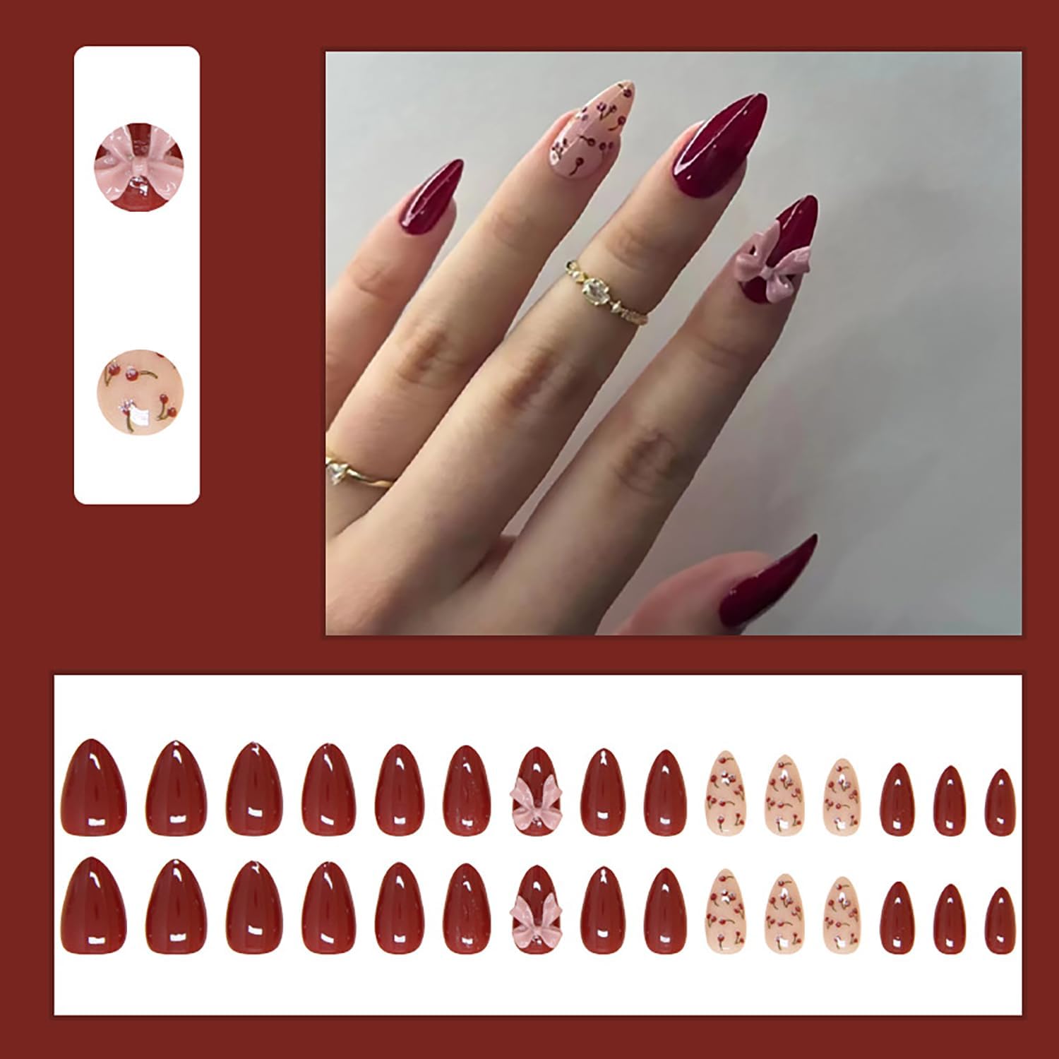 Nakhi 24 Reusable Artificial Fake Nail Set | Base Dark Red colour with Baby Pink Bow Design Glossy Nails | Lightweight & Long Lasting | Quick Fix For Festivals & Special Occasions - View 4 of 6