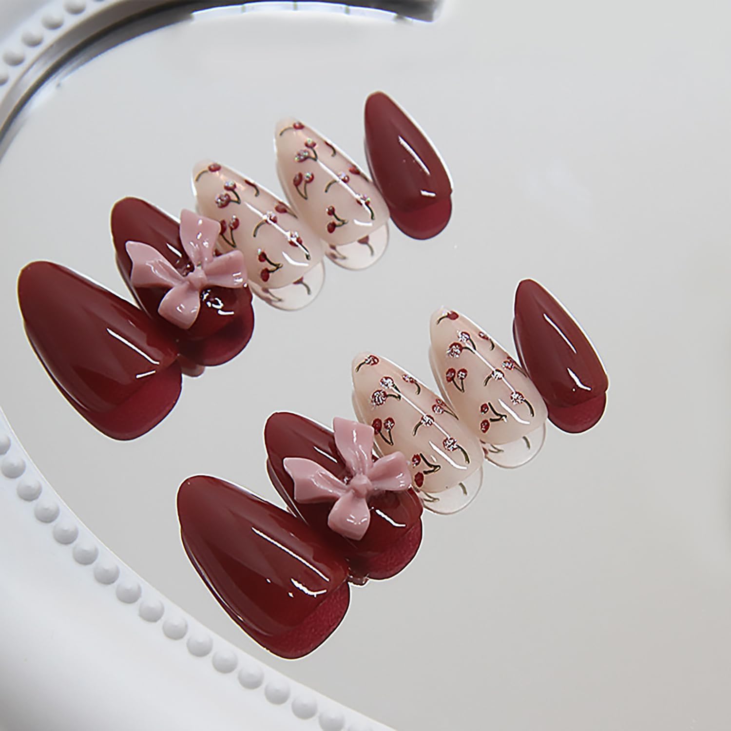 Nakhi 24 Reusable Artificial Fake Nail Set | Base Dark Red colour with Baby Pink Bow Design Glossy Nails | Lightweight & Long Lasting | Quick Fix For Festivals & Special Occasions - View 5 of 6