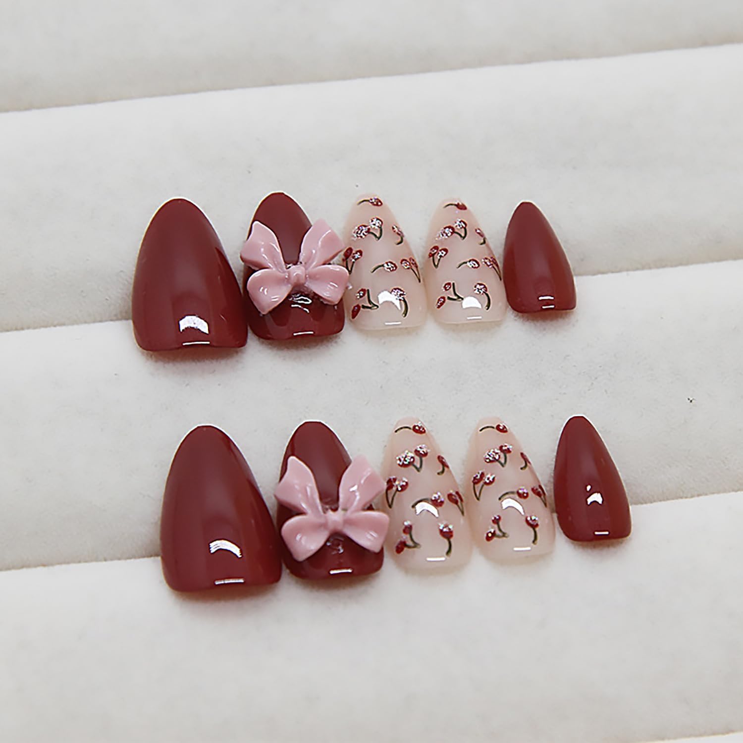 Nakhi 24 Reusable Artificial Fake Nail Set | Base Dark Red colour with Baby Pink Bow Design Glossy Nails | Lightweight & Long Lasting | Quick Fix For Festivals & Special Occasions - View 6 of 6