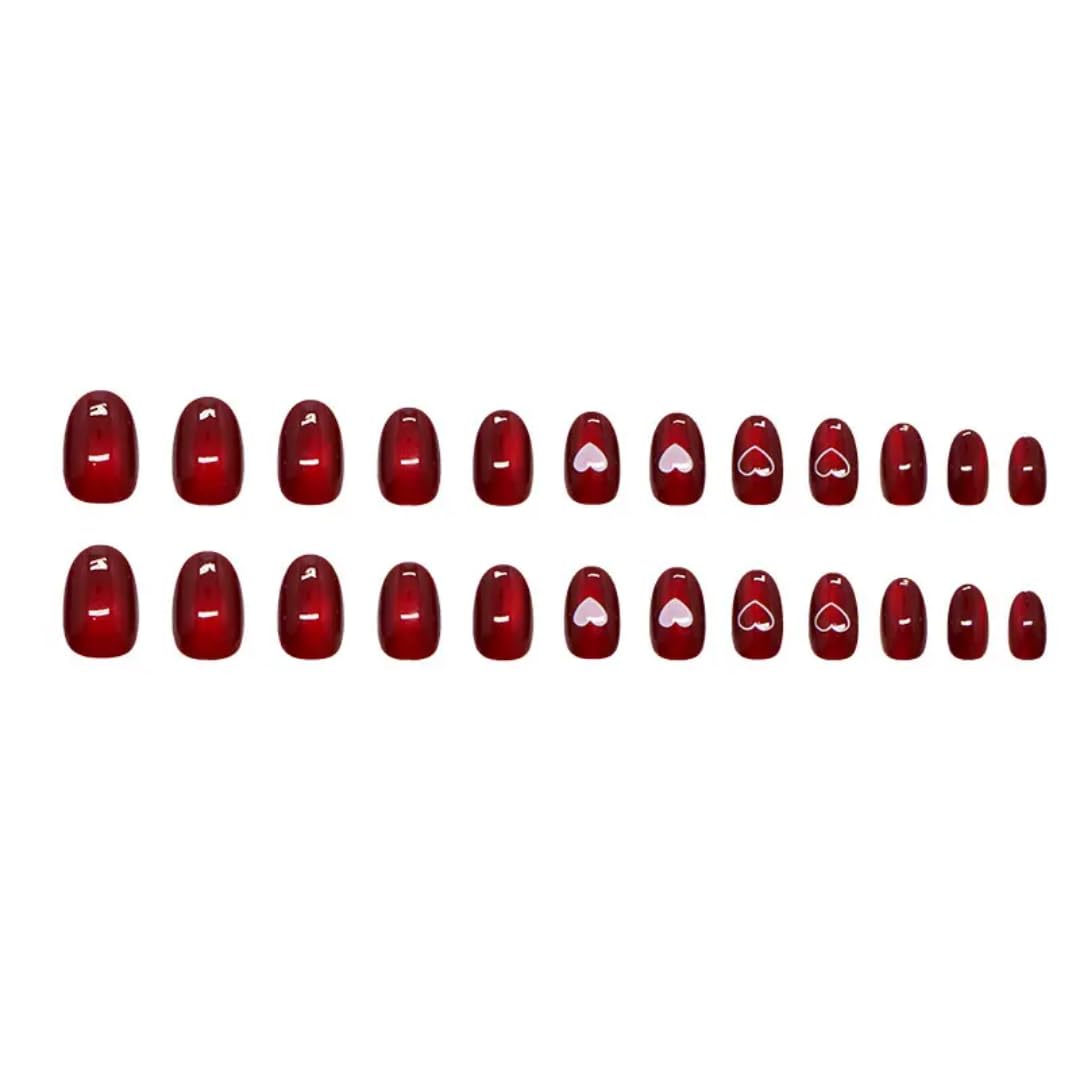 Gloss & Go 24 Reusable Artificial Fake Nail Set| Dark Red Color With White Heart Design Short Rounded Glossy Nails| Lightweight & Long Lasting| Quick Fix For Festivals & Special Occasions - View 5 of 8