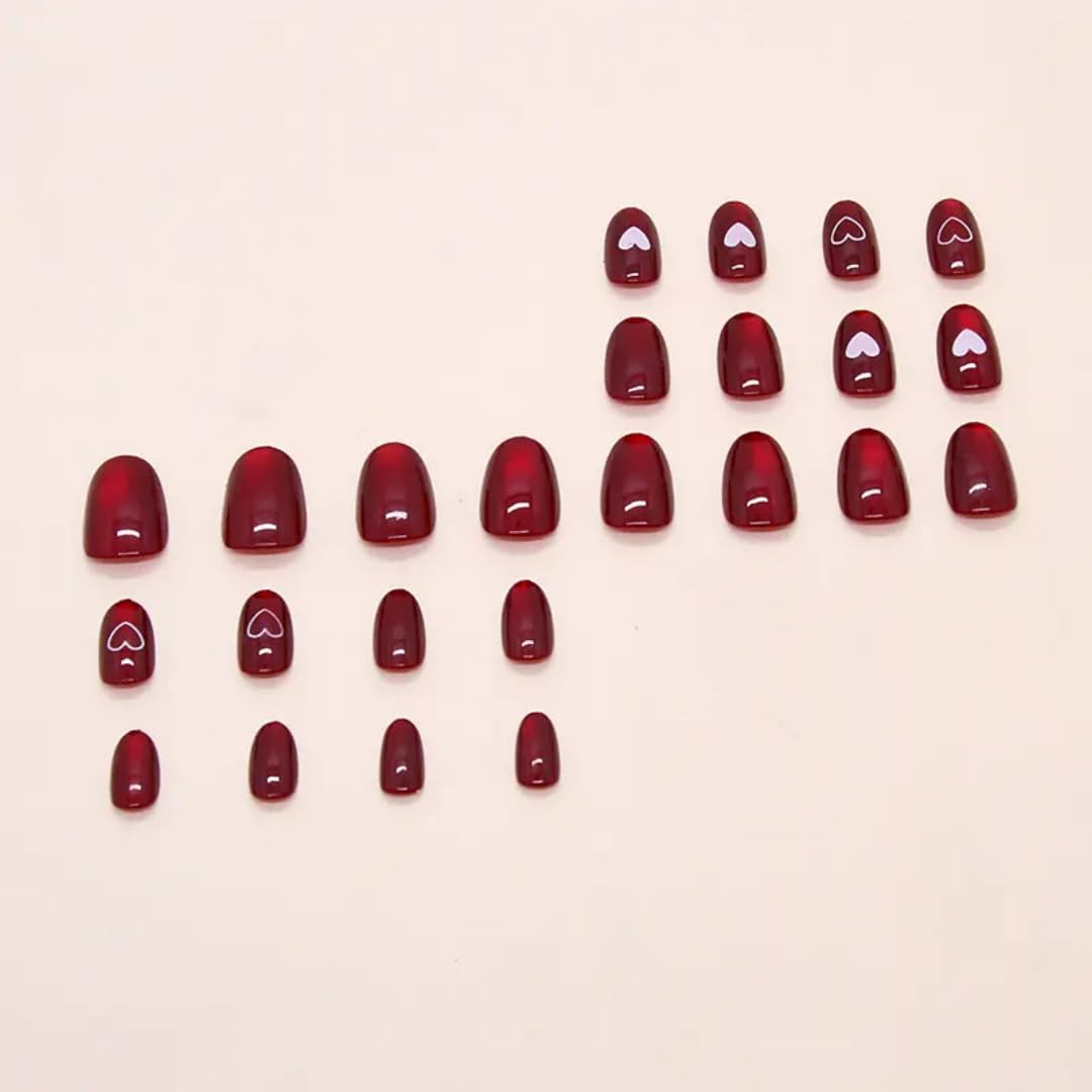 Gloss & Go 24 Reusable Artificial Fake Nail Set| Dark Red Color With White Heart Design Short Rounded Glossy Nails| Lightweight & Long Lasting| Quick Fix For Festivals & Special Occasions - View 6 of 8