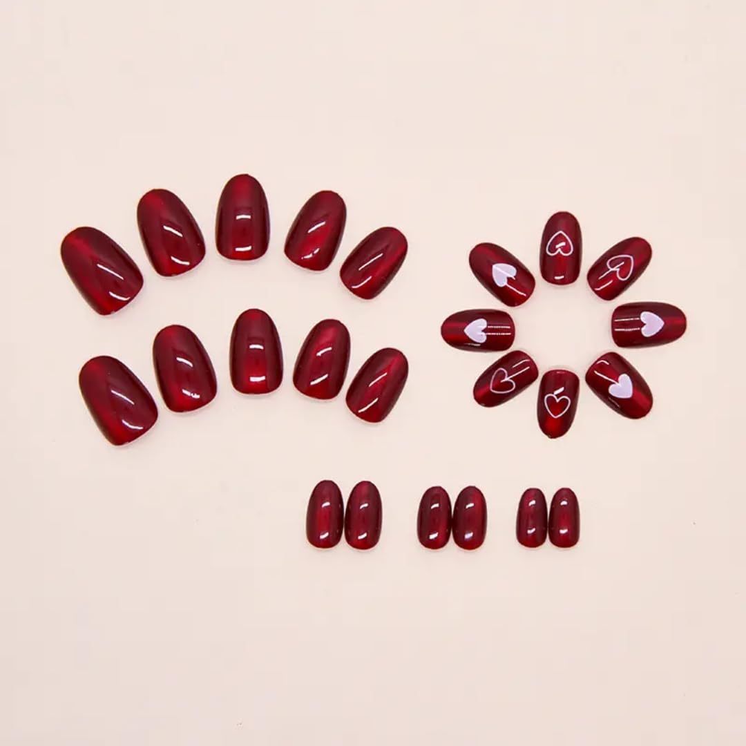 Gloss & Go 24 Reusable Artificial Fake Nail Set| Dark Red Color With White Heart Design Short Rounded Glossy Nails| Lightweight & Long Lasting| Quick Fix For Festivals & Special Occasions - View 7 of 8