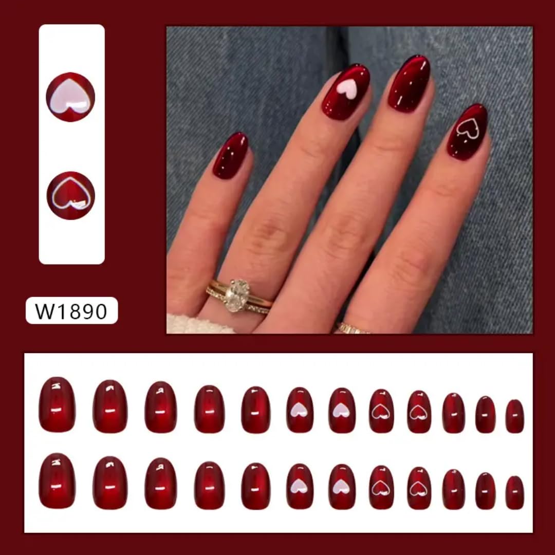 Gloss & Go 24 Reusable Artificial Fake Nail Set| Dark Red Color With White Heart Design Short Rounded Glossy Nails| Lightweight & Long Lasting| Quick Fix For Festivals & Special Occasions - View 8 of 8