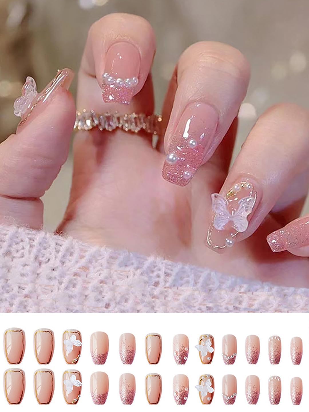acrylic translucent press on nails artifical designer 3D white bow & pearl with pink glitter color nails extension 12 pieces combo set with kit beautiful fake false nails(Nail Art Pack of- 1) - View 4 of 4