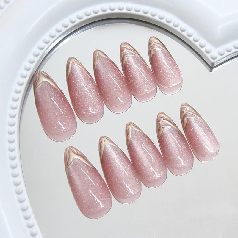 Peach Cat Eye Golden Tip Almond Press On Nails Kit for Women And Girls Fake Nail Extension | Reusable Nail Extension For Women With Glue Tab | Long Lasting Glossy Finish Artificial Nails | Easy to Apply Fake Nails for Salon Look at Home | Stick-On Manicure Kit For Parties, Weddings And Gifts | Trendy Nail Art Set for All Occasions - View 6 of 8