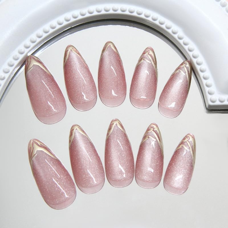 Peach Cat Eye Golden Tip Almond Press On Nails Kit for Women And Girls Fake Nail Extension | Reusable Nail Extension For Women With Glue Tab | Long Lasting Glossy Finish Artificial Nails | Easy to Apply Fake Nails for Salon Look at Home | Stick-On Manicure Kit For Parties, Weddings And Gifts | Trendy Nail Art Set for All Occasions - View 7 of 8