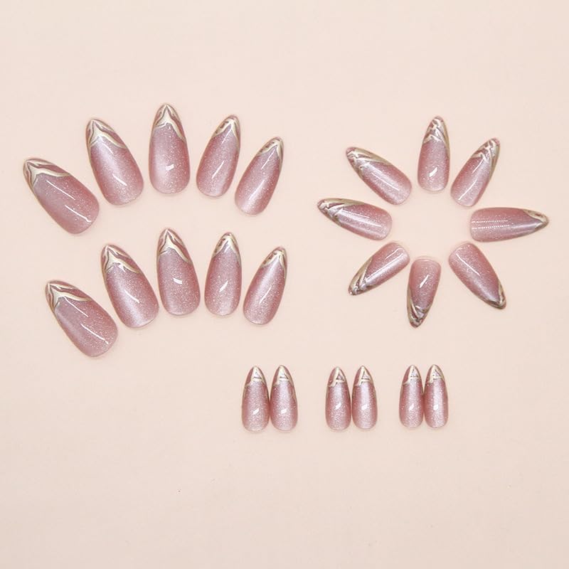 Peach Cat Eye Golden Tip Almond Press On Nails Kit for Women And Girls Fake Nail Extension | Reusable Nail Extension For Women With Glue Tab | Long Lasting Glossy Finish Artificial Nails | Easy to Apply Fake Nails for Salon Look at Home | Stick-On Manicure Kit For Parties, Weddings And Gifts | Trendy Nail Art Set for All Occasions - View 8 of 8