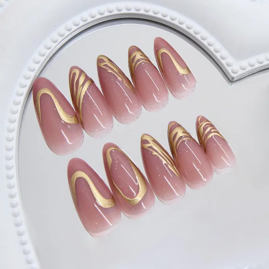 Gold Chrome Press On Nails Almond Shape | Glossy Nude False Nails with 3D Metallic Swirl Design | Press On Nails Kit for Women And Girls Fake Nail Extension | Reusable Nail Extension For Women With Glue Tab | Long Lasting Glossy Finish Artificial Nails | Easy to Apply Fake Nails for Salon Look at Home | Stick-On Manicure Kit For Parties, Weddings And Gifts | Trendy Nail Art Set for All Occasions (Peach-GoldSwirl) - View 5 of 7
