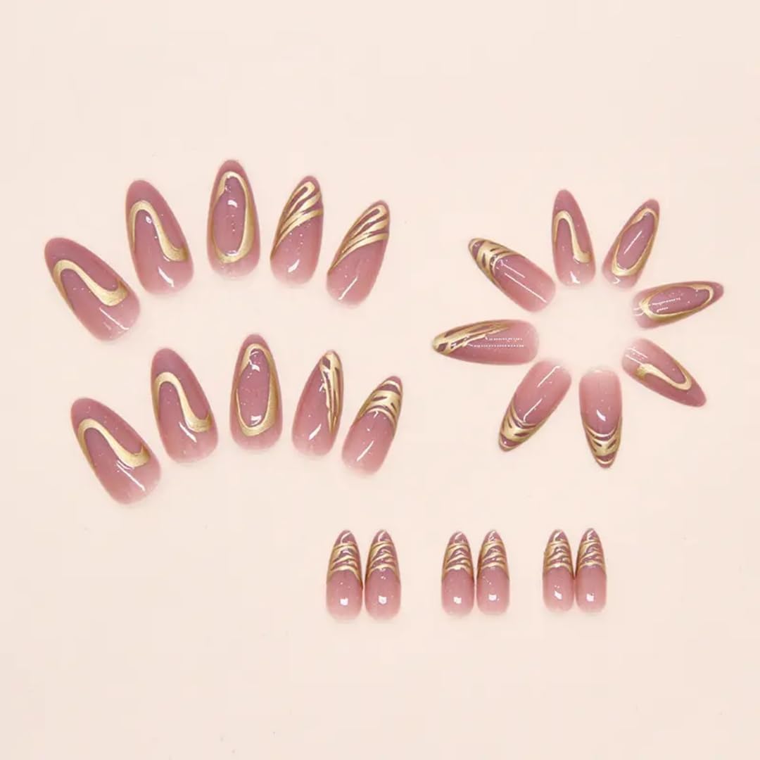 Gold Chrome Press On Nails Almond Shape | Glossy Nude False Nails with 3D Metallic Swirl Design | Press On Nails Kit for Women And Girls Fake Nail Extension | Reusable Nail Extension For Women With Glue Tab | Long Lasting Glossy Finish Artificial Nails | Easy to Apply Fake Nails for Salon Look at Home | Stick-On Manicure Kit For Parties, Weddings And Gifts | Trendy Nail Art Set for All Occasions (Peach-GoldSwirl) - View 6 of 7