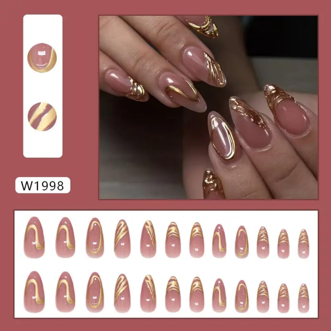 Gold Chrome Press On Nails Almond Shape | Glossy Nude False Nails with 3D Metallic Swirl Design | Press On Nails Kit for Women And Girls Fake Nail Extension | Reusable Nail Extension For Women With Glue Tab | Long Lasting Glossy Finish Artificial Nails | Easy to Apply Fake Nails for Salon Look at Home | Stick-On Manicure Kit For Parties, Weddings And Gifts | Trendy Nail Art Set for All Occasions (Peach-GoldSwirl) - View 7 of 7