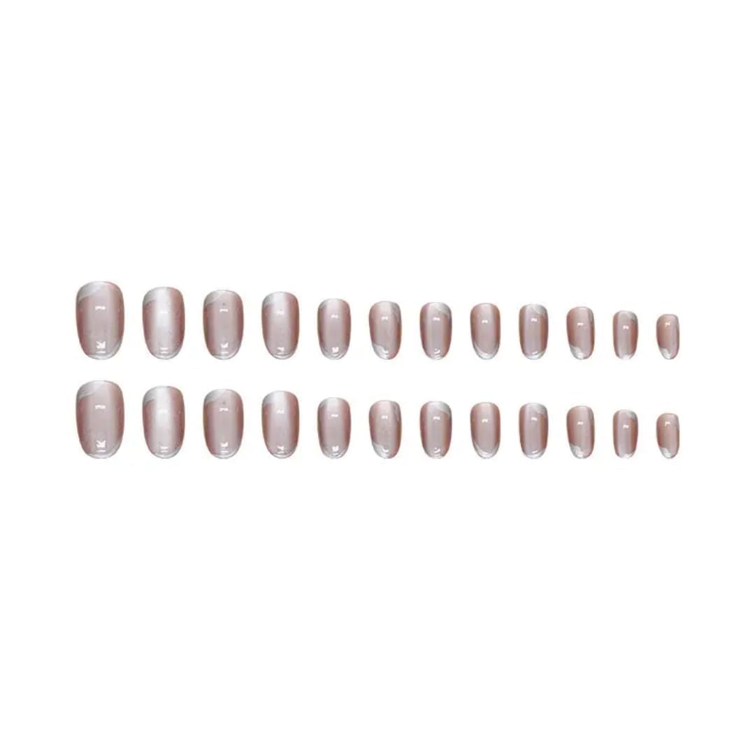 Peach Cat Eye Metalic 3D Tip Round Press On Nails Kit for Women And Girls Fake Nail Extension | Reusable Nail Extension For Women With Glue Tab | Long Lasting Glossy Finish Artificial Nails | Easy to Apply Fake Nails for Salon Look at Home | Stick-On Manicure Kit For Parties, Weddings And Gifts | Trendy Nail Art Set for All Occasions (Peach-SilverRound) - View 4 of 8