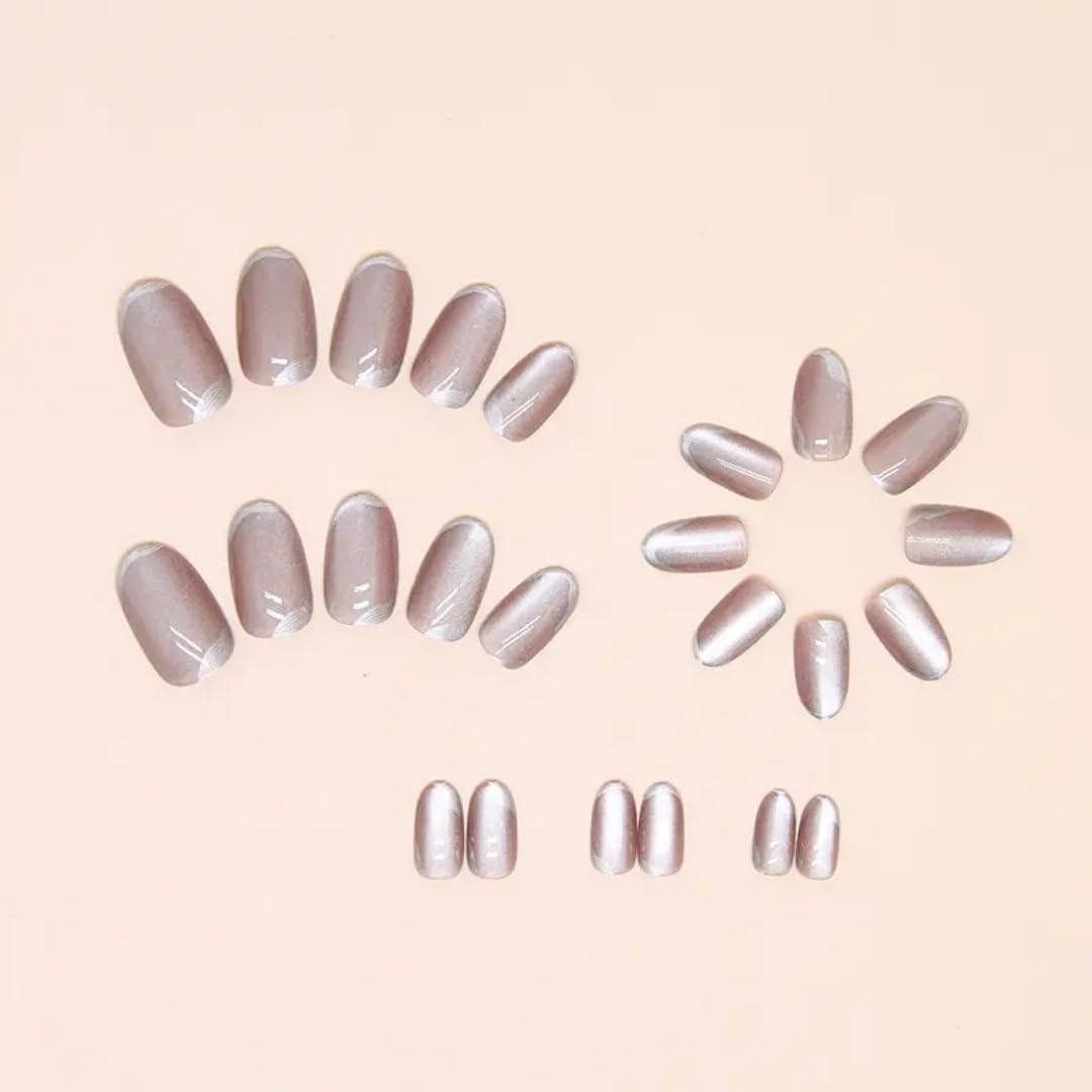 Peach Cat Eye Metalic 3D Tip Round Press On Nails Kit for Women And Girls Fake Nail Extension | Reusable Nail Extension For Women With Glue Tab | Long Lasting Glossy Finish Artificial Nails | Easy to Apply Fake Nails for Salon Look at Home | Stick-On Manicure Kit For Parties, Weddings And Gifts | Trendy Nail Art Set for All Occasions (Peach-SilverRound) - View 6 of 8