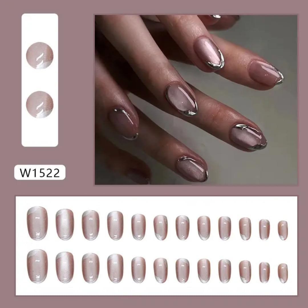 Peach Cat Eye Metalic 3D Tip Round Press On Nails Kit for Women And Girls Fake Nail Extension | Reusable Nail Extension For Women With Glue Tab | Long Lasting Glossy Finish Artificial Nails | Easy to Apply Fake Nails for Salon Look at Home | Stick-On Manicure Kit For Parties, Weddings And Gifts | Trendy Nail Art Set for All Occasions (Peach-SilverRound) - View 7 of 8