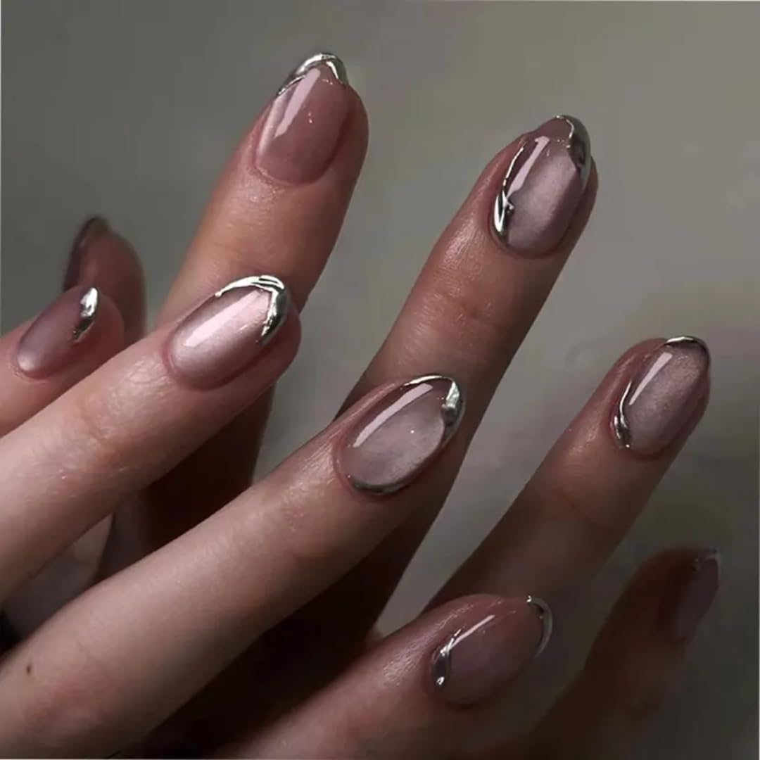 Peach Cat Eye Metalic 3D Tip Round Press On Nails Kit for Women And Girls Fake Nail Extension | Reusable Nail Extension For Women With Glue Tab | Long Lasting Glossy Finish Artificial Nails | Easy to Apply Fake Nails for Salon Look at Home | Stick-On Manicure Kit For Parties, Weddings And Gifts | Trendy Nail Art Set for All Occasions (Peach-SilverRound) - View 8 of 8