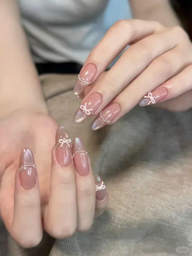 Premium Press On Nails for Women | Short Almond Fake Nails with 3D Bow, Pearl & Glitter French Tips | Reusable Glossy Artificial Stick On Nails | Full Cover Salon Quality Nude Pink Nail Set (24 Pcs) - View 5 of 5