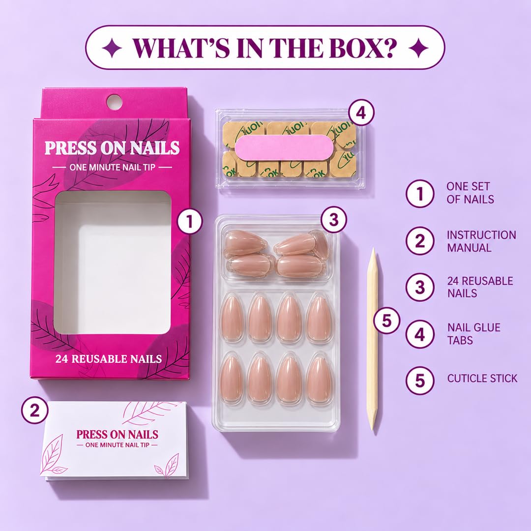 Press On Nails for Women | Light Pink Nude Almond Fake Nails 24 Pieces | Reusable Artificial Nail Tips | Stick On Nails | Easy Apply Manicure for Party Wedding Daily Wear - View 3 of 6
